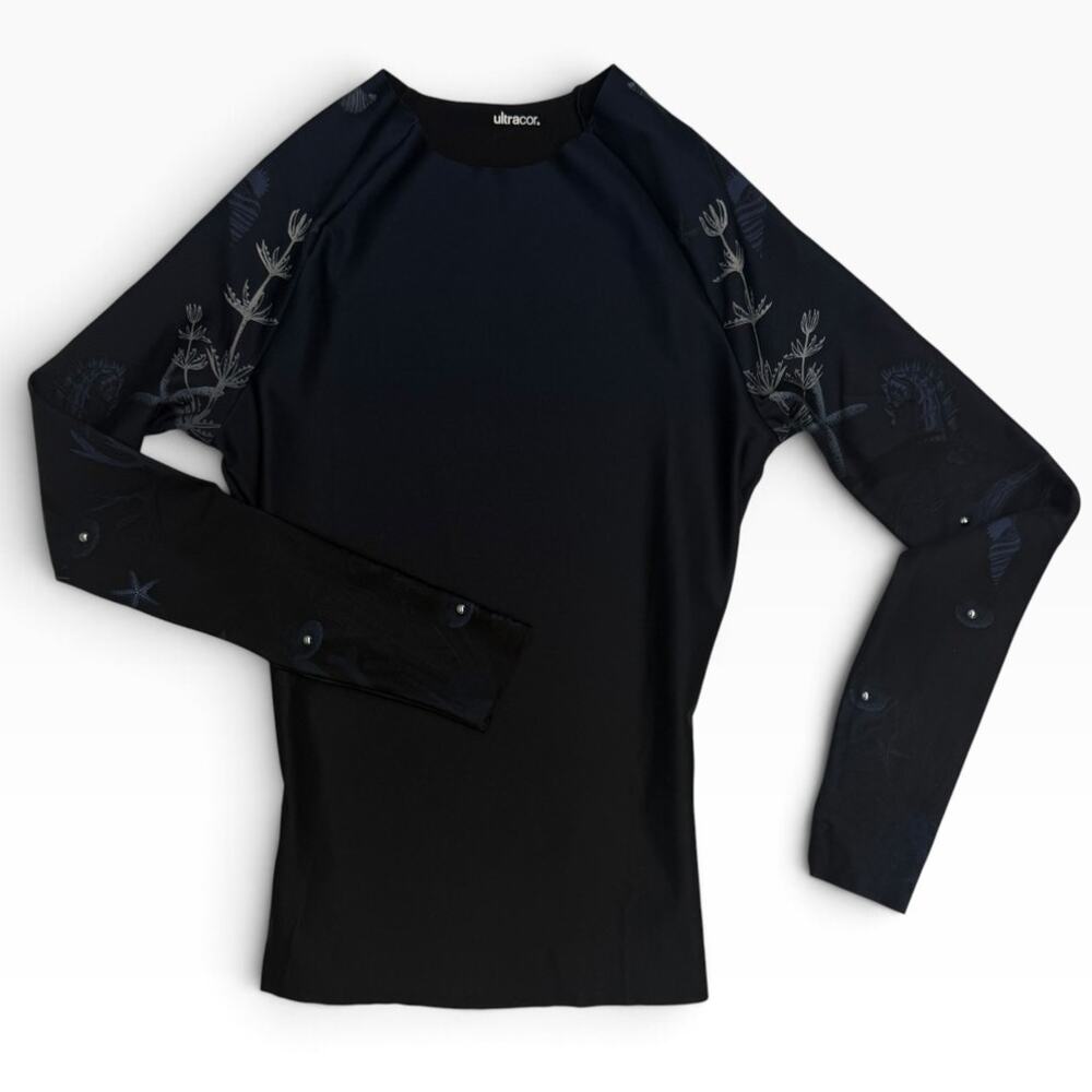 Ultracor Womens S Navy Black Ocean Sea Life Print Studded Long Sleeve Top NWOT
